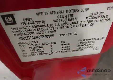 2003 Chevrolet Silverado 1500 z USA, uszkodzony, nr VIN 1GCEC14X43Z348989